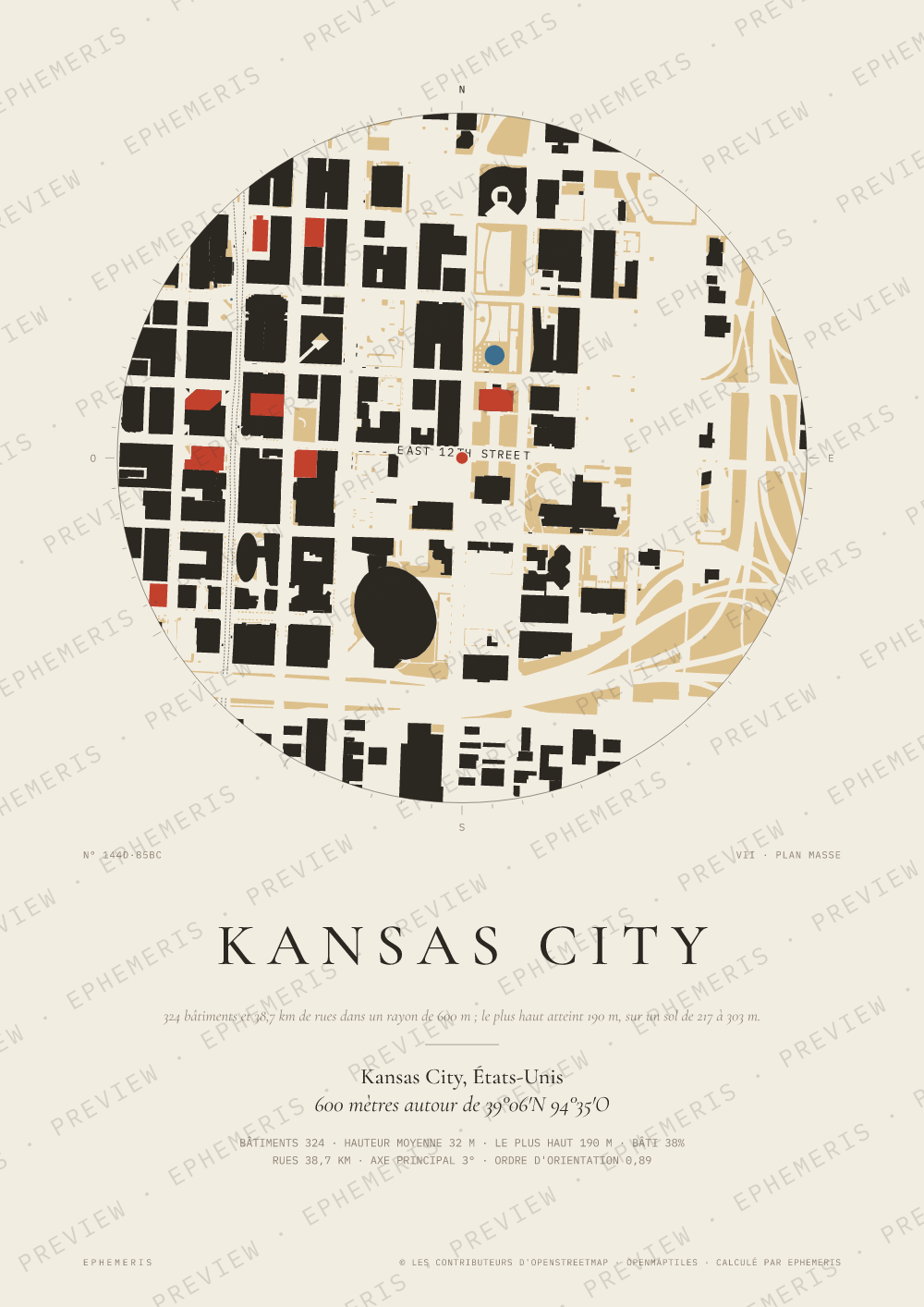 Affiche carte de Kansas City : la ville dessinée en plan