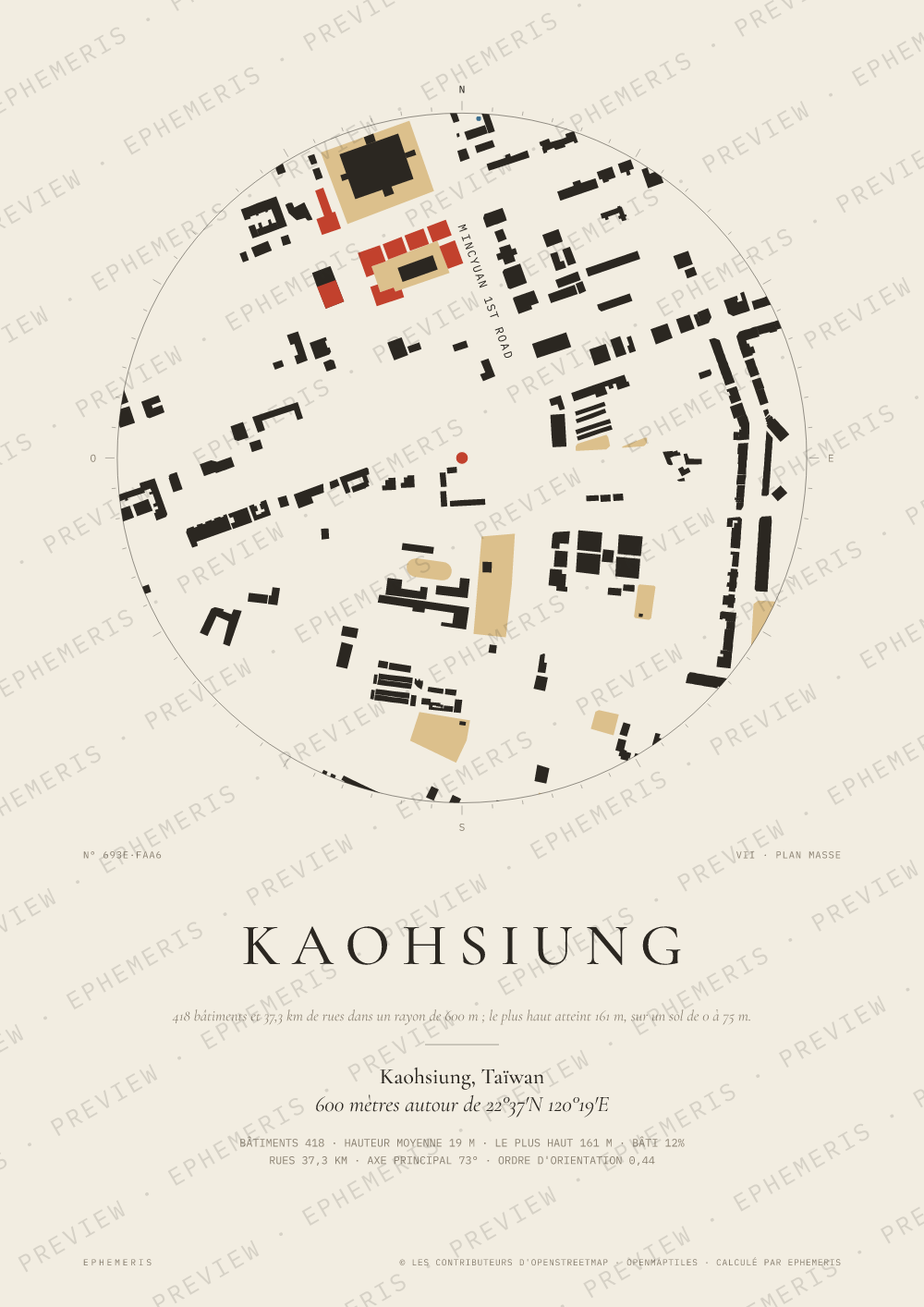 Affiche carte de Kaohsiung : la ville dessinée en plan
