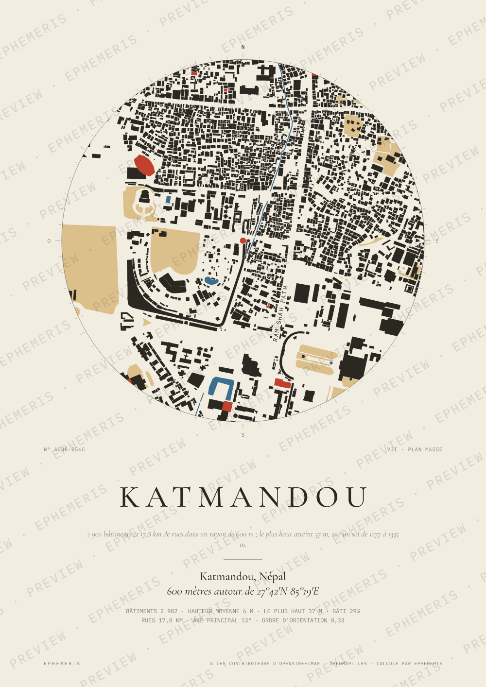 Affiche carte de Katmandou : la ville dessinée en plan
