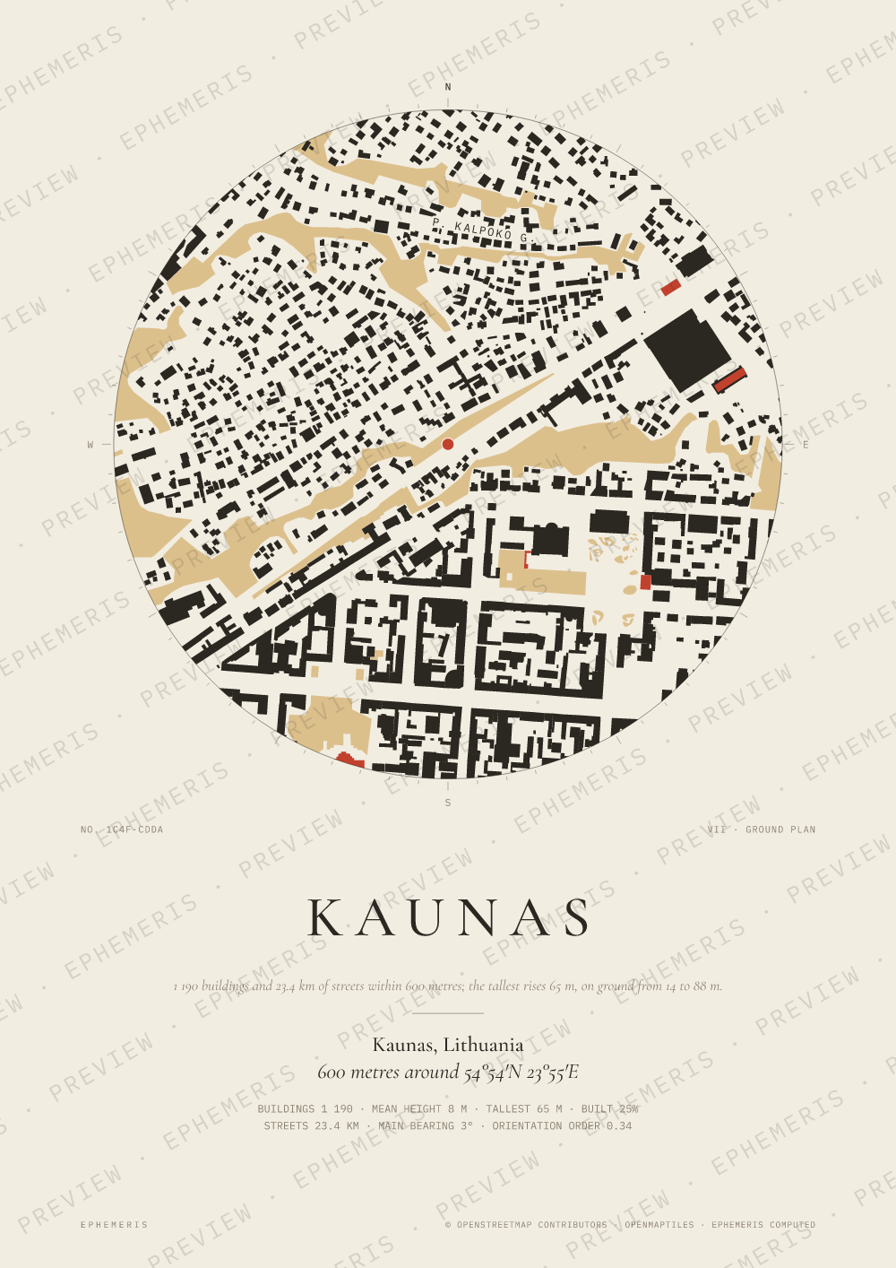 Kaunas map poster: the city drawn as a plan