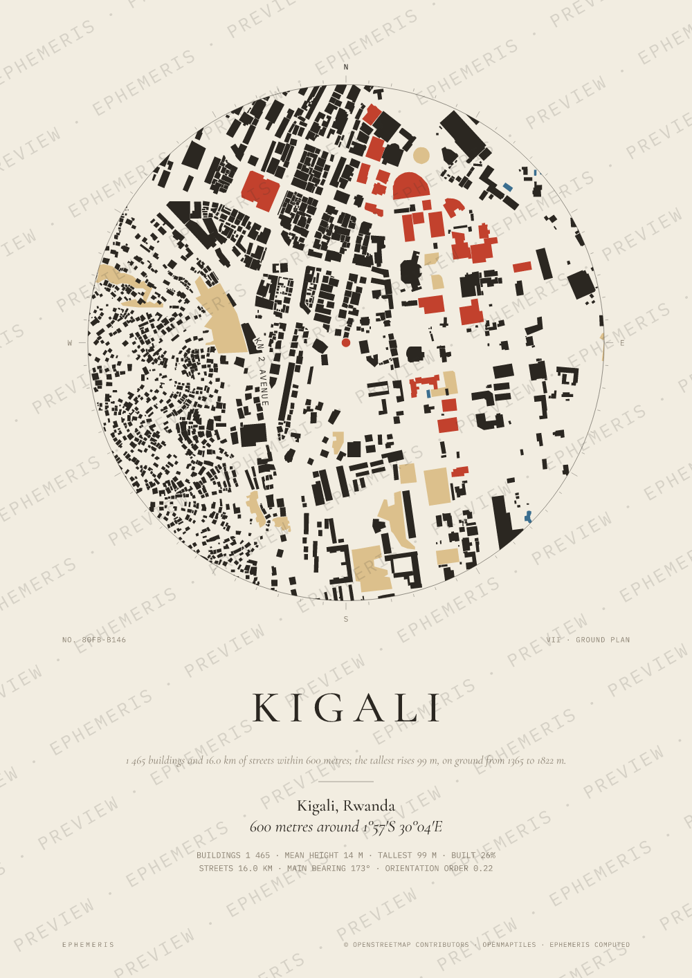 Kigali map poster: the city drawn as a plan