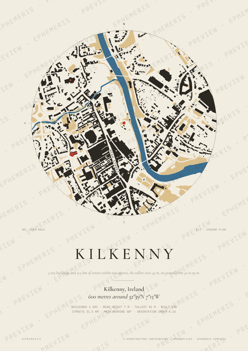 Kilkenny map poster: the city drawn as a plan
