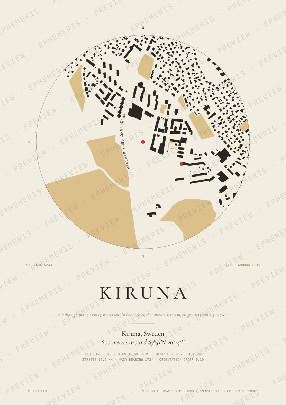 Kiruna map poster: the city drawn as a plan