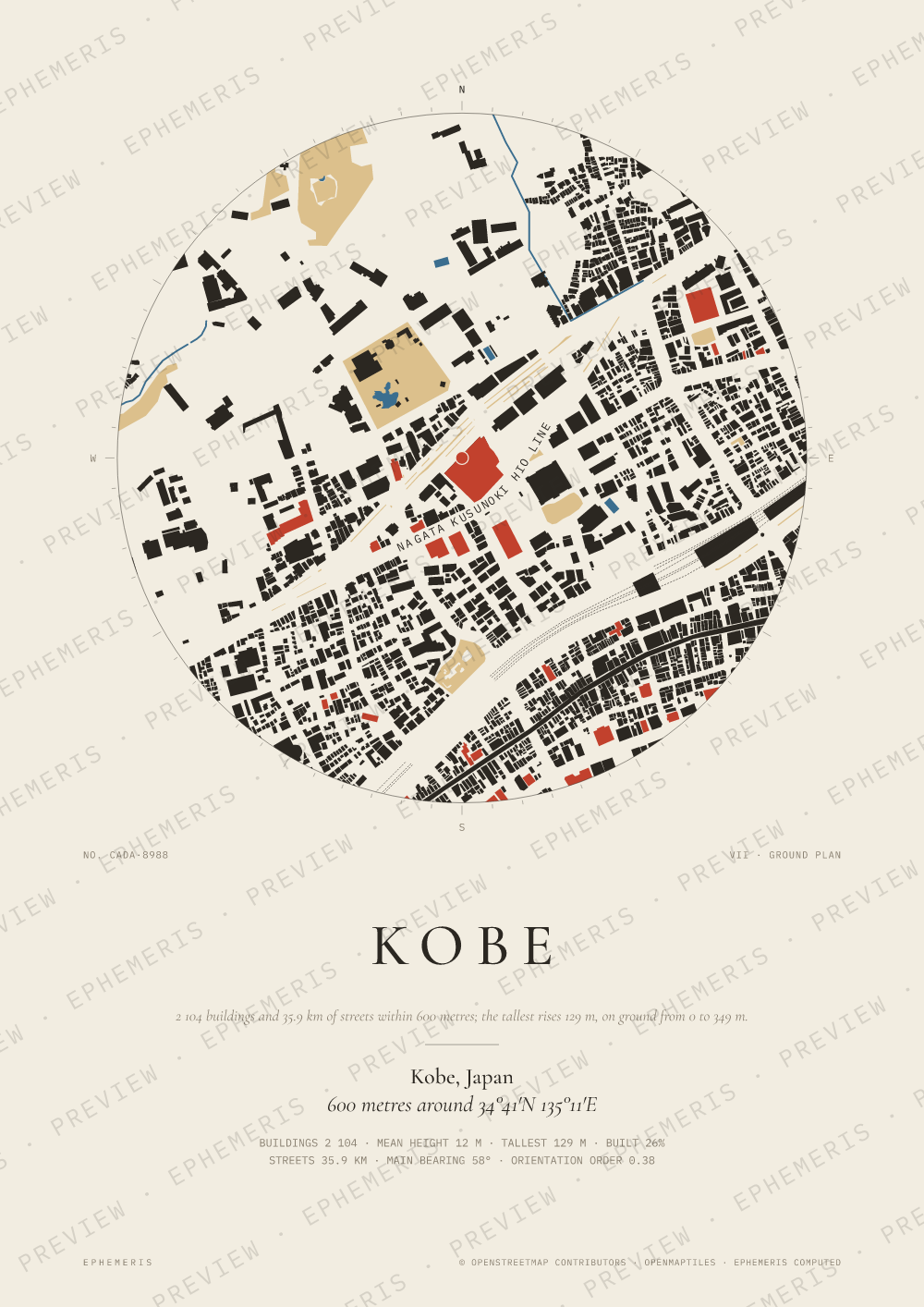 Kobe map poster: the city drawn as a plan