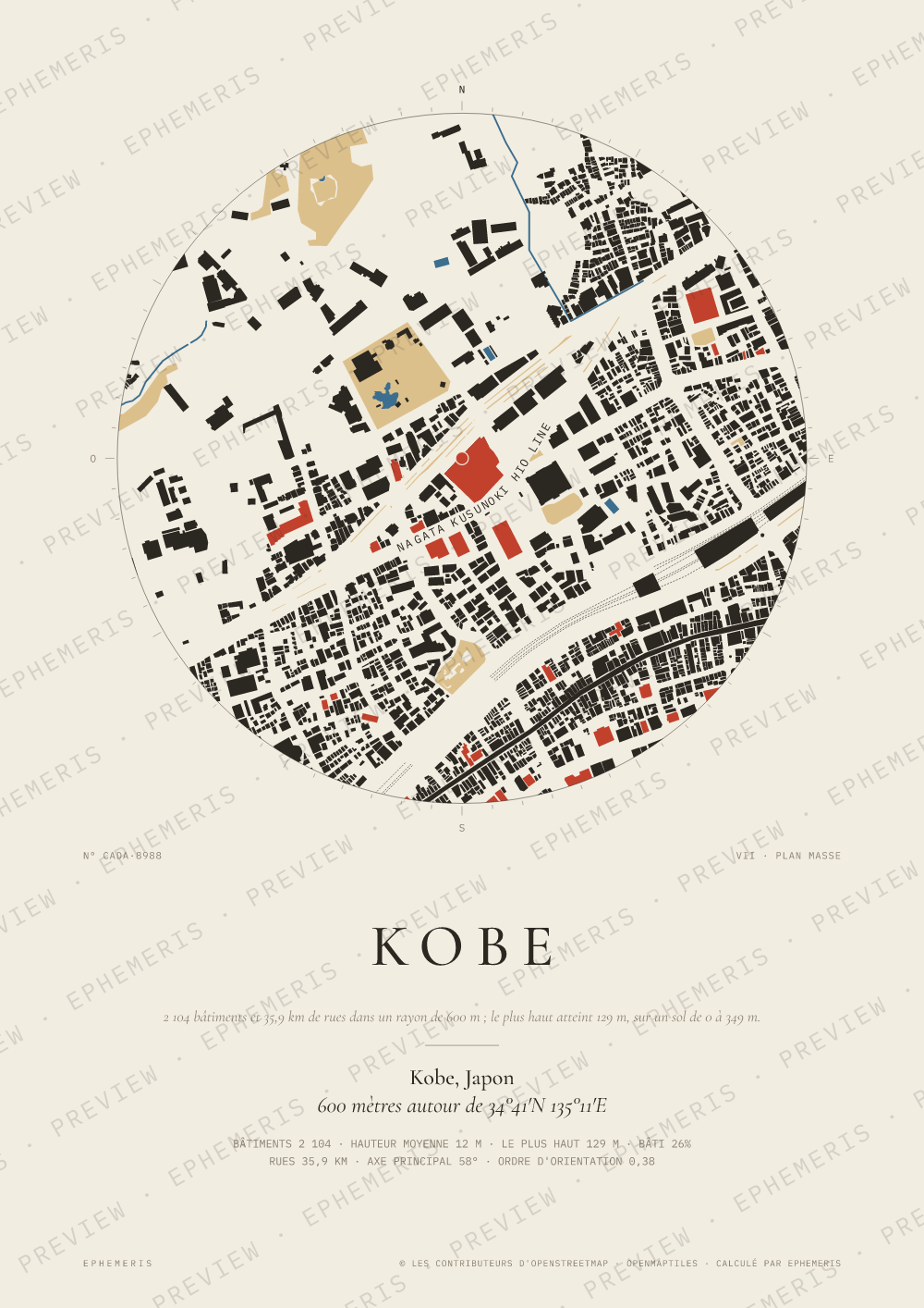 Affiche carte de Kobe : la ville dessinée en plan