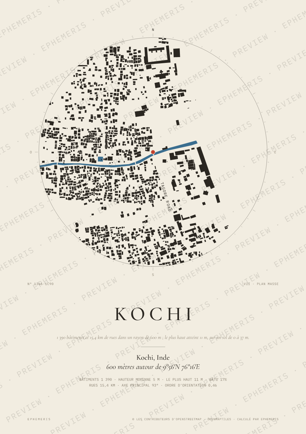 Affiche carte de Kochi : la ville dessinée en plan