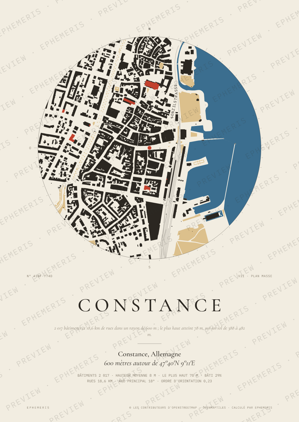 Affiche carte de Constance : la ville dessinée en plan