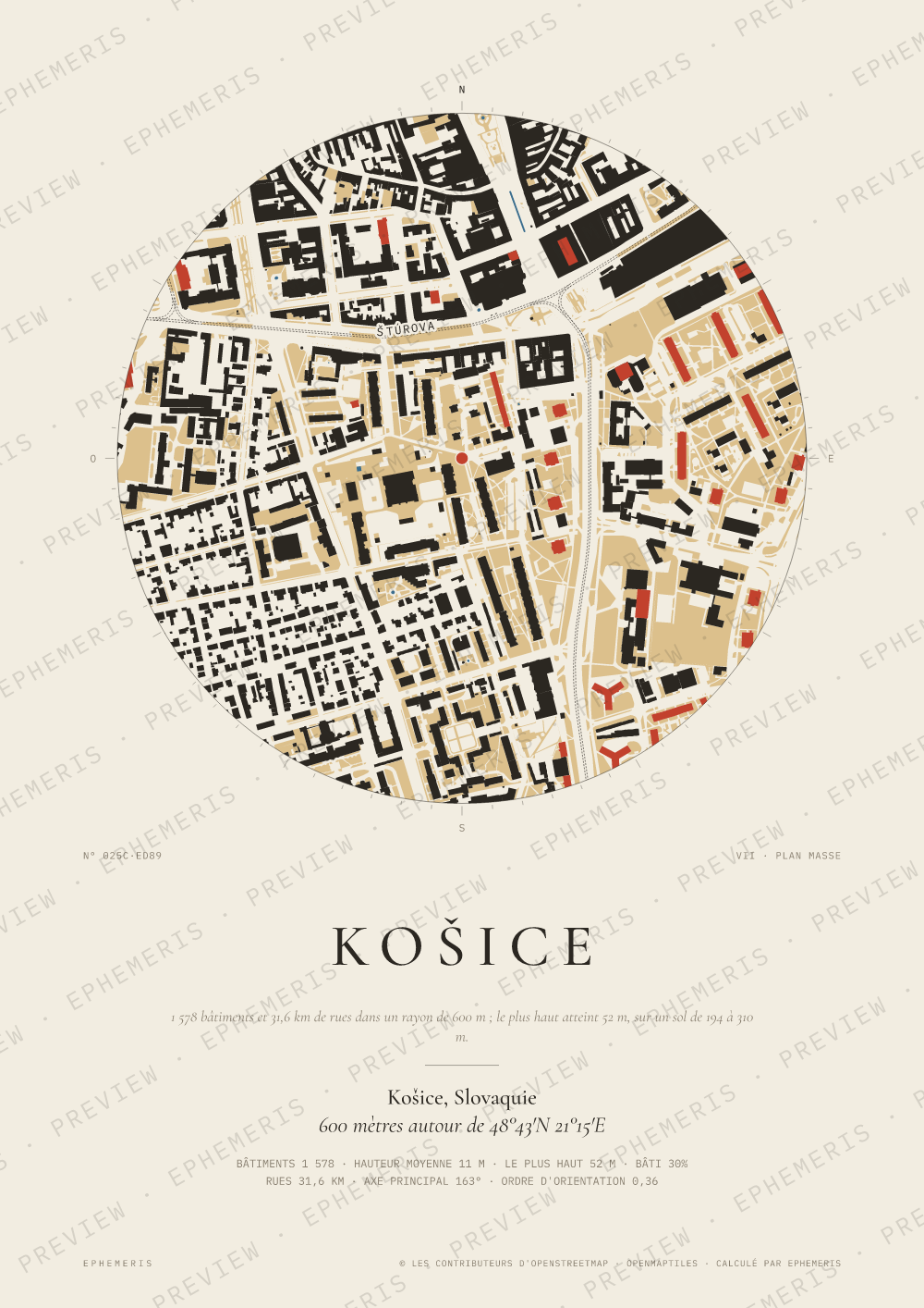 Affiche carte de Košice : la ville dessinée en plan