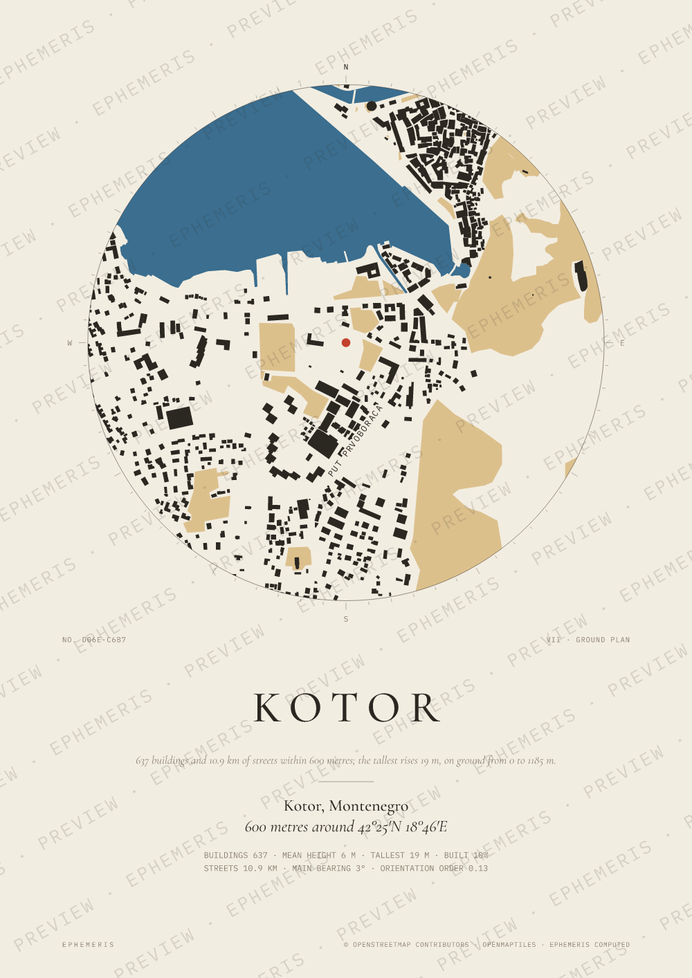 Kotor map poster: the city drawn as a plan