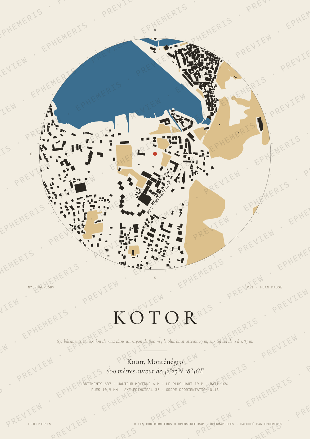 Affiche carte de Kotor : la ville dessinée en plan