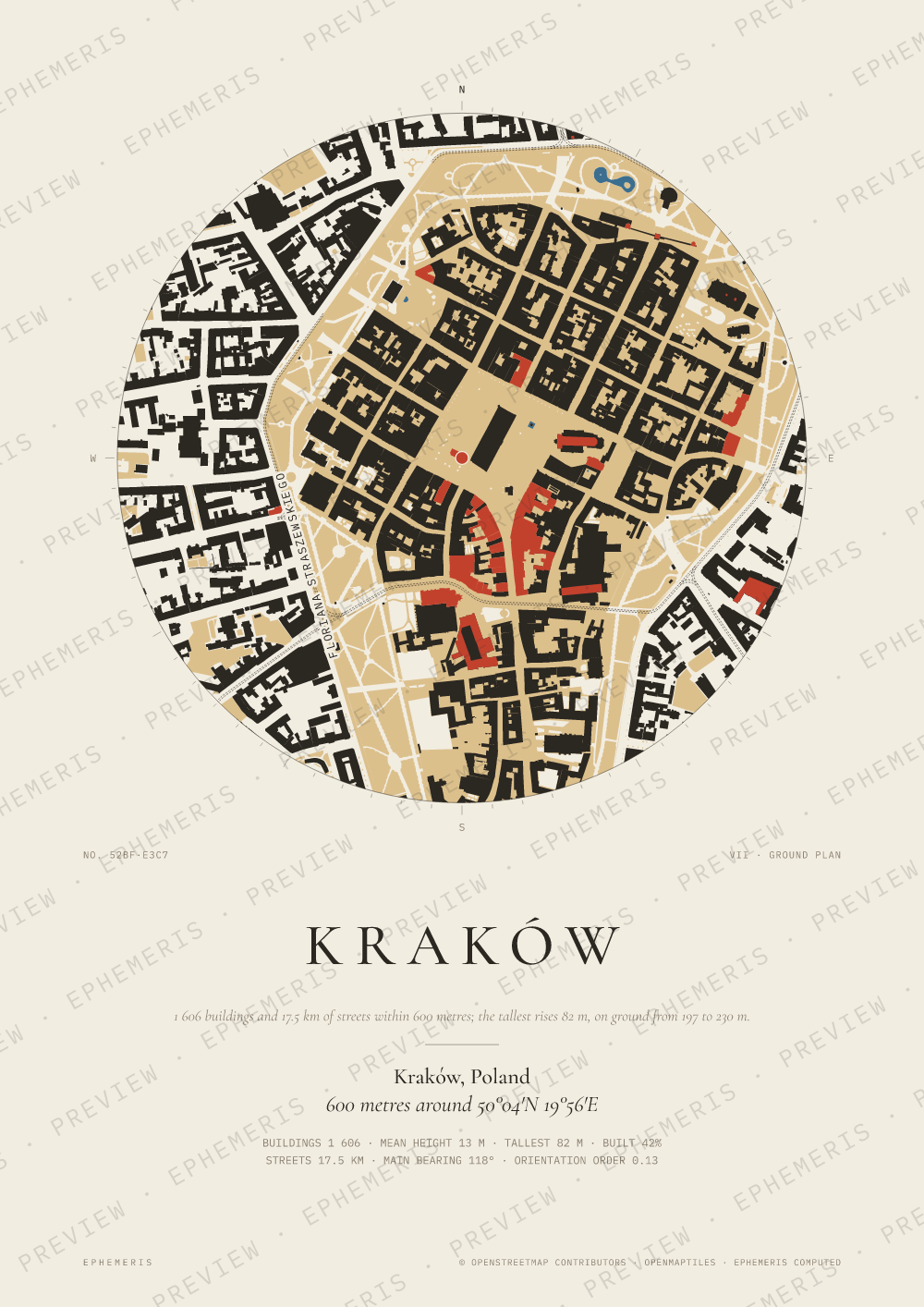 Kraków map poster: the city drawn as a plan