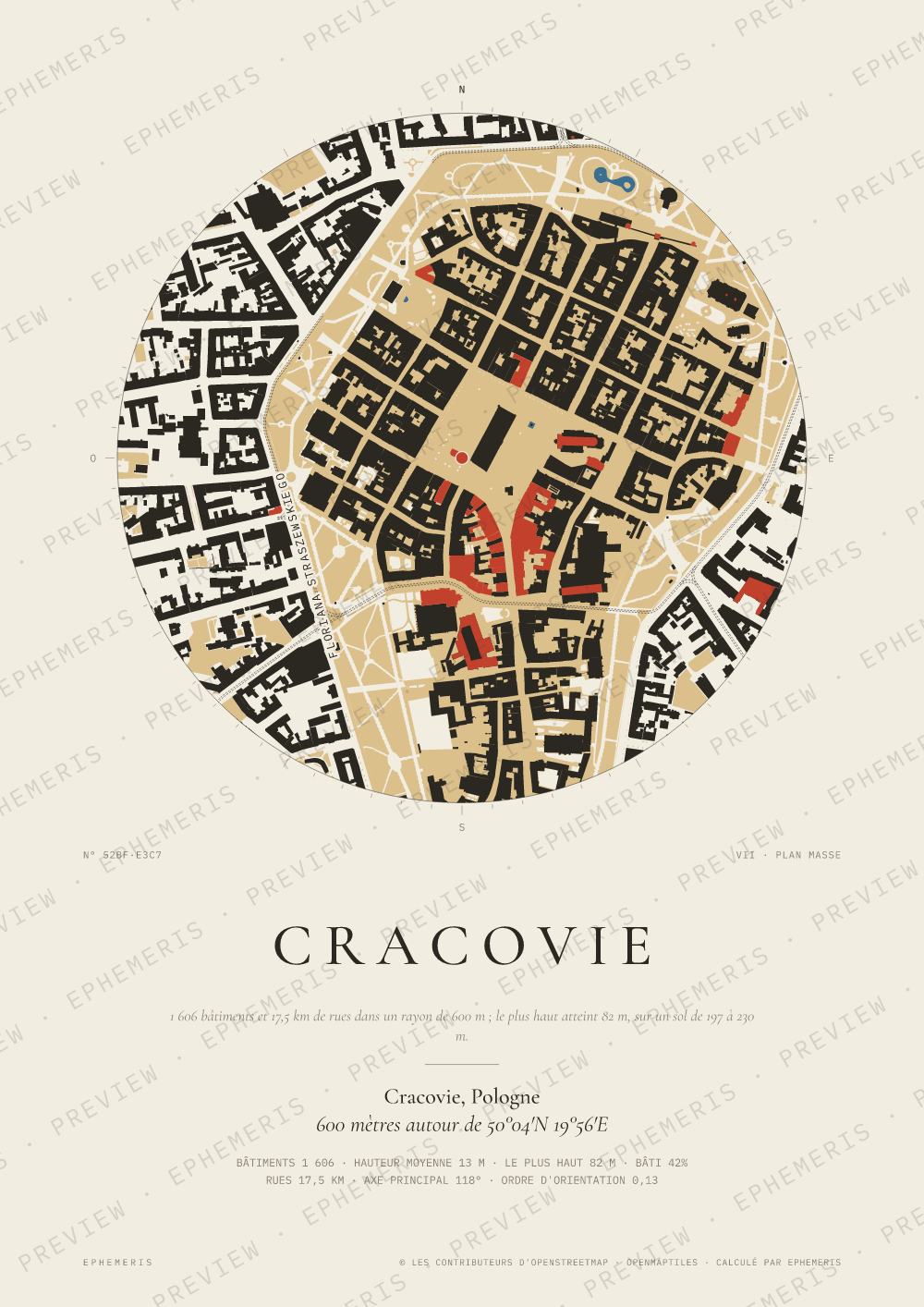 Affiche carte de Cracovie : la ville dessinée en plan