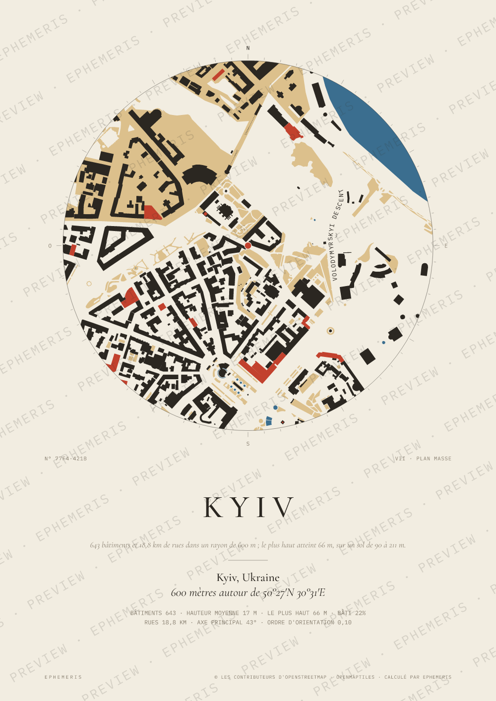 Affiche carte de Kyiv : la ville dessinée en plan