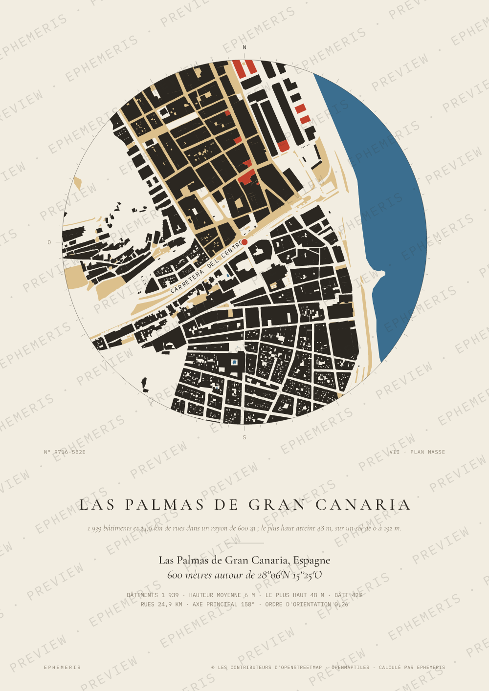 Affiche carte de Las Palmas de Gran Canaria : la ville dessinée en plan