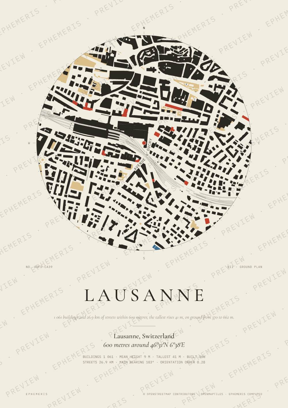 Lausanne map poster: the city drawn as a plan