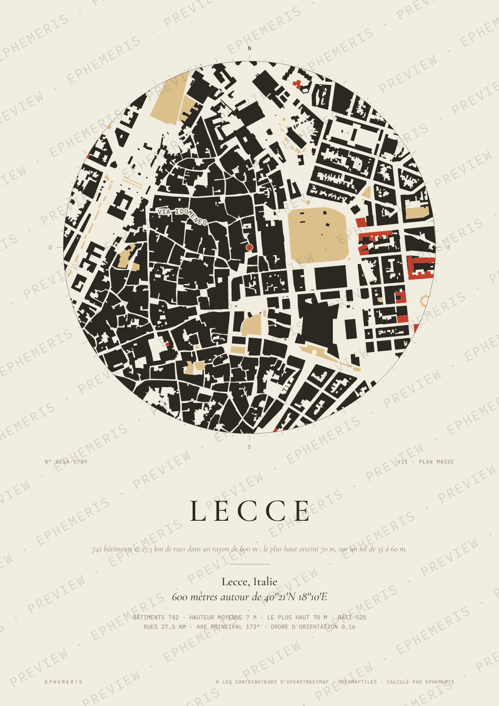 Affiche carte de Lecce : la ville dessinée en plan