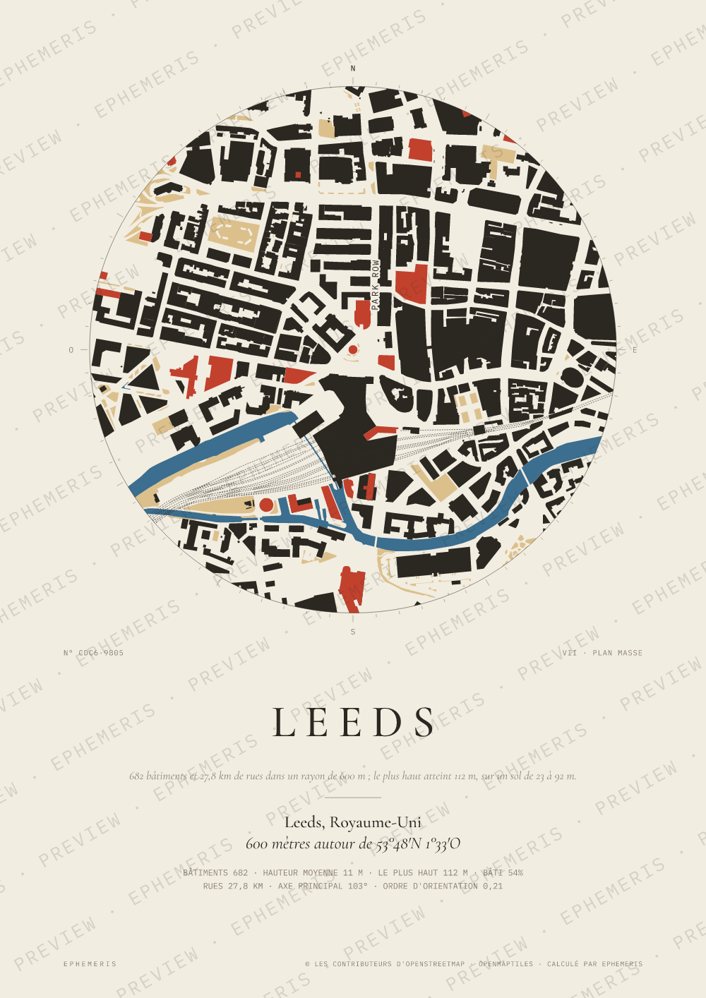 Affiche carte de Leeds : la ville dessinée en plan