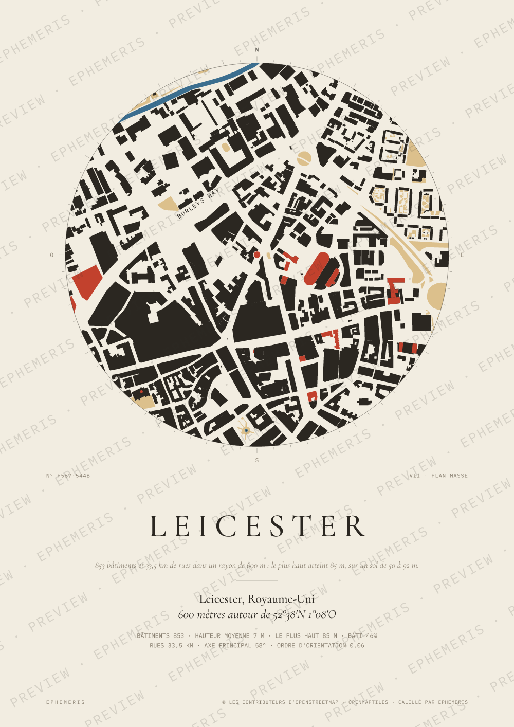 Affiche carte de Leicester : la ville dessinée en plan