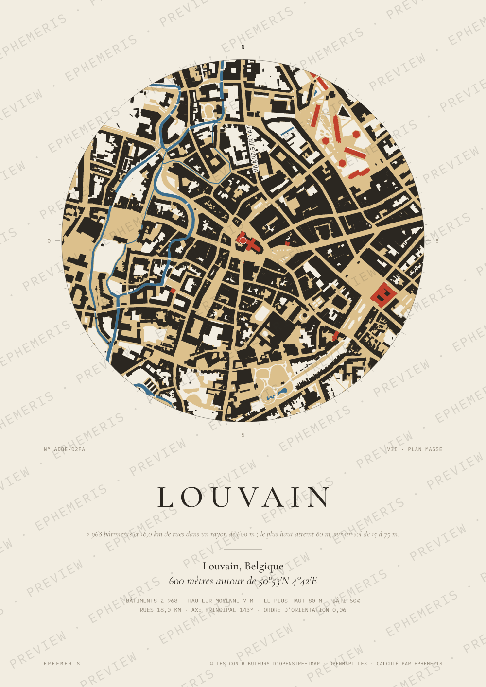Affiche carte de Louvain : la ville dessinée en plan