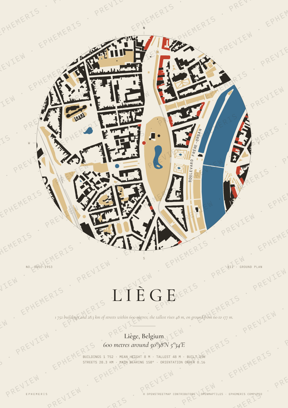 Liège map poster: the city drawn as a plan