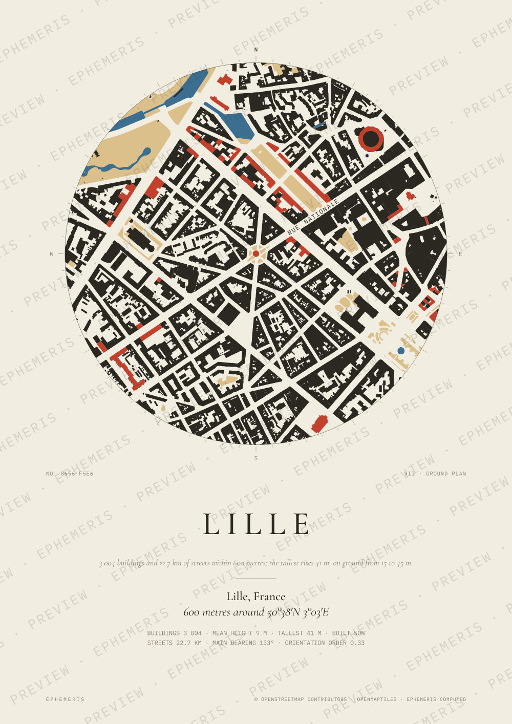 Lille map poster: the city drawn as a plan