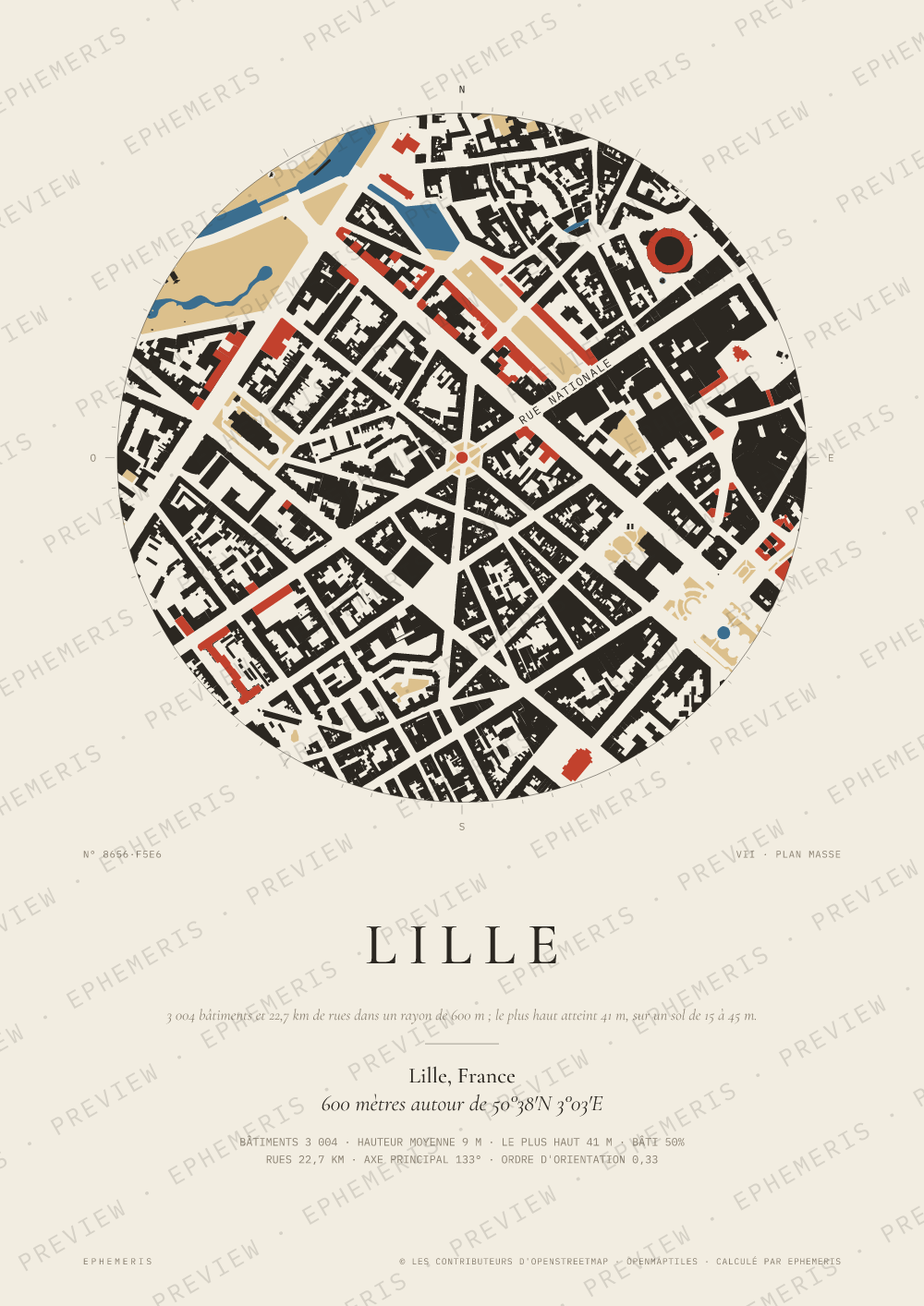 Affiche carte de Lille : la ville dessinée en plan