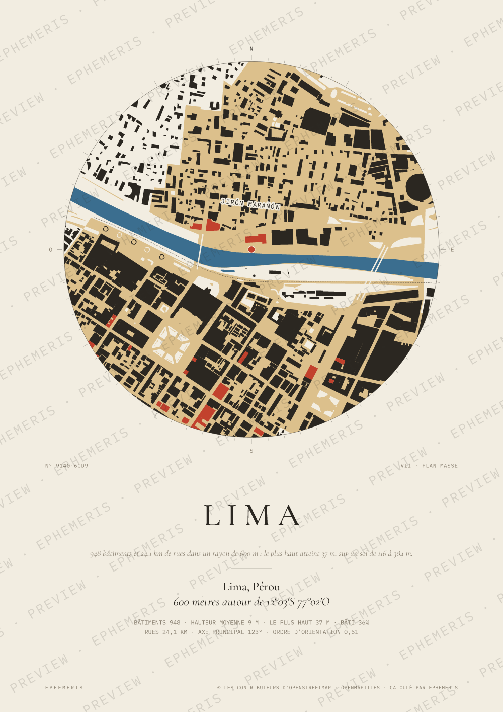Affiche carte de Lima : la ville dessinée en plan