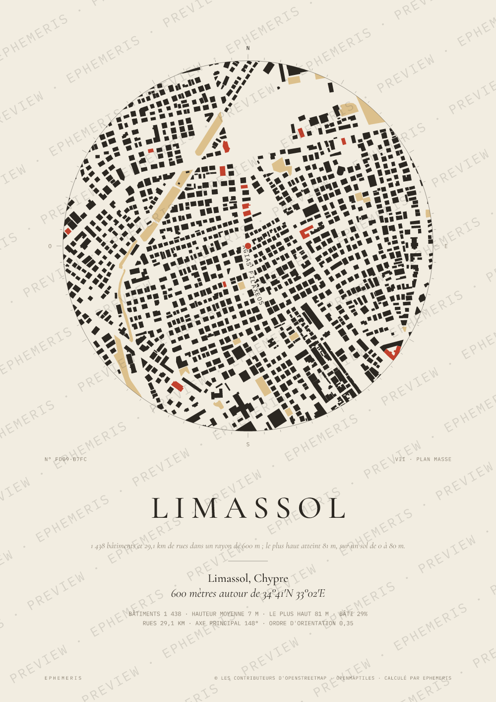 Affiche carte de Limassol : la ville dessinée en plan