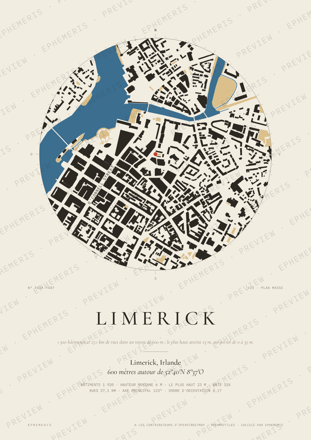 Affiche carte de Limerick : la ville dessinée en plan