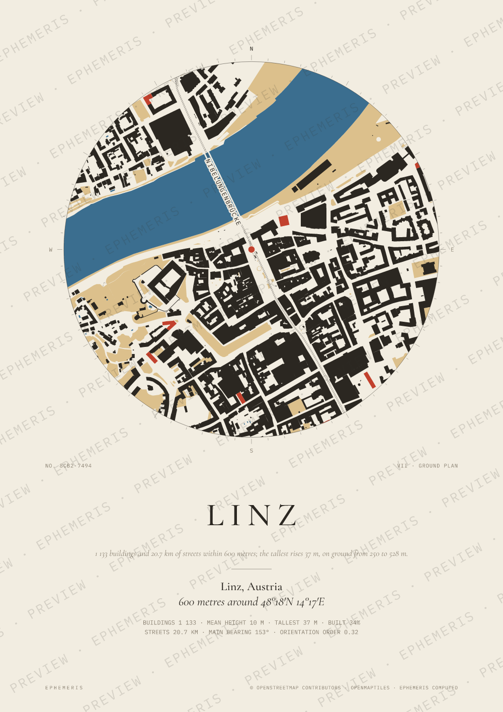 Linz map poster: the city drawn as a plan