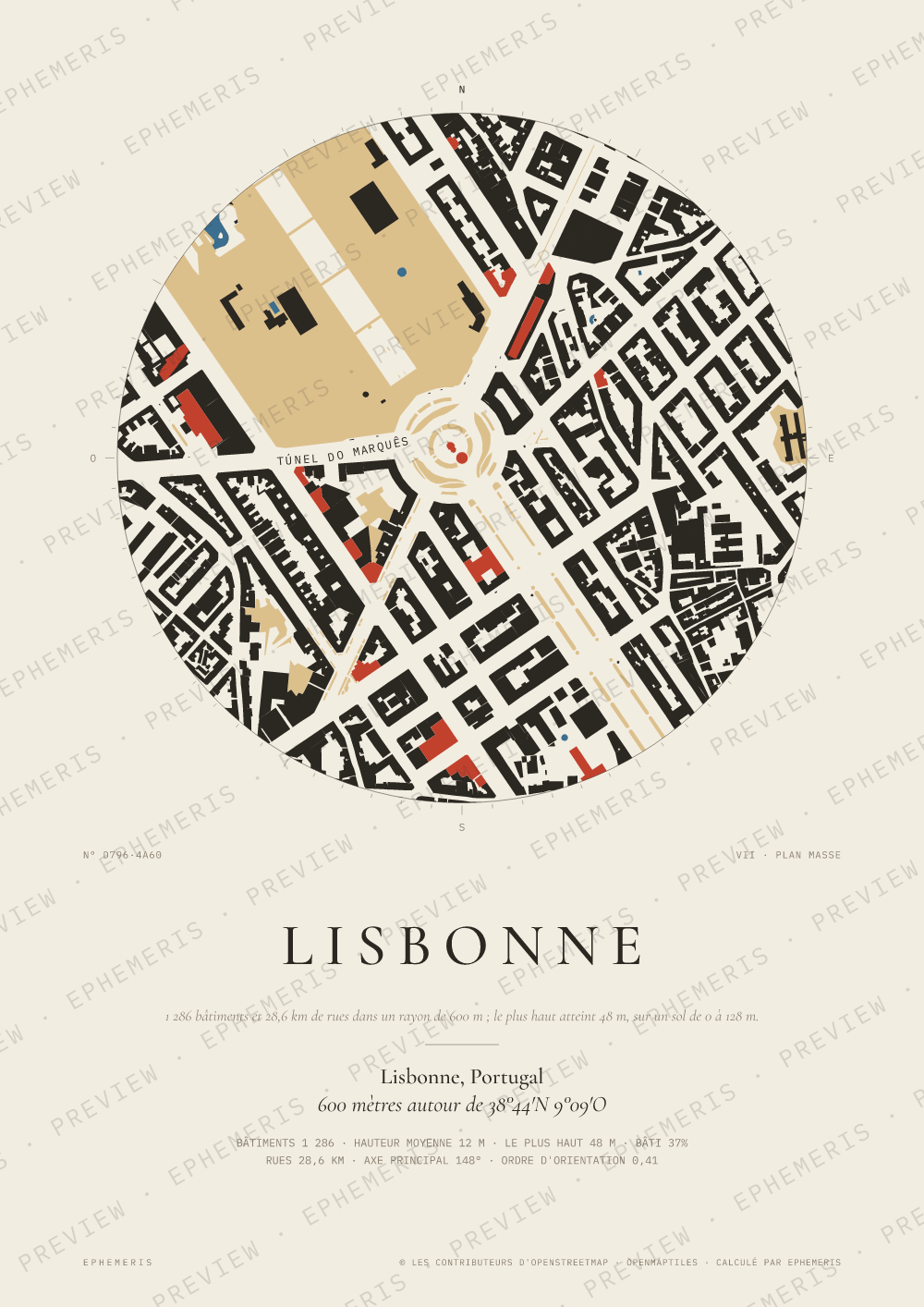Affiche carte de Lisbonne : la ville dessinée en plan