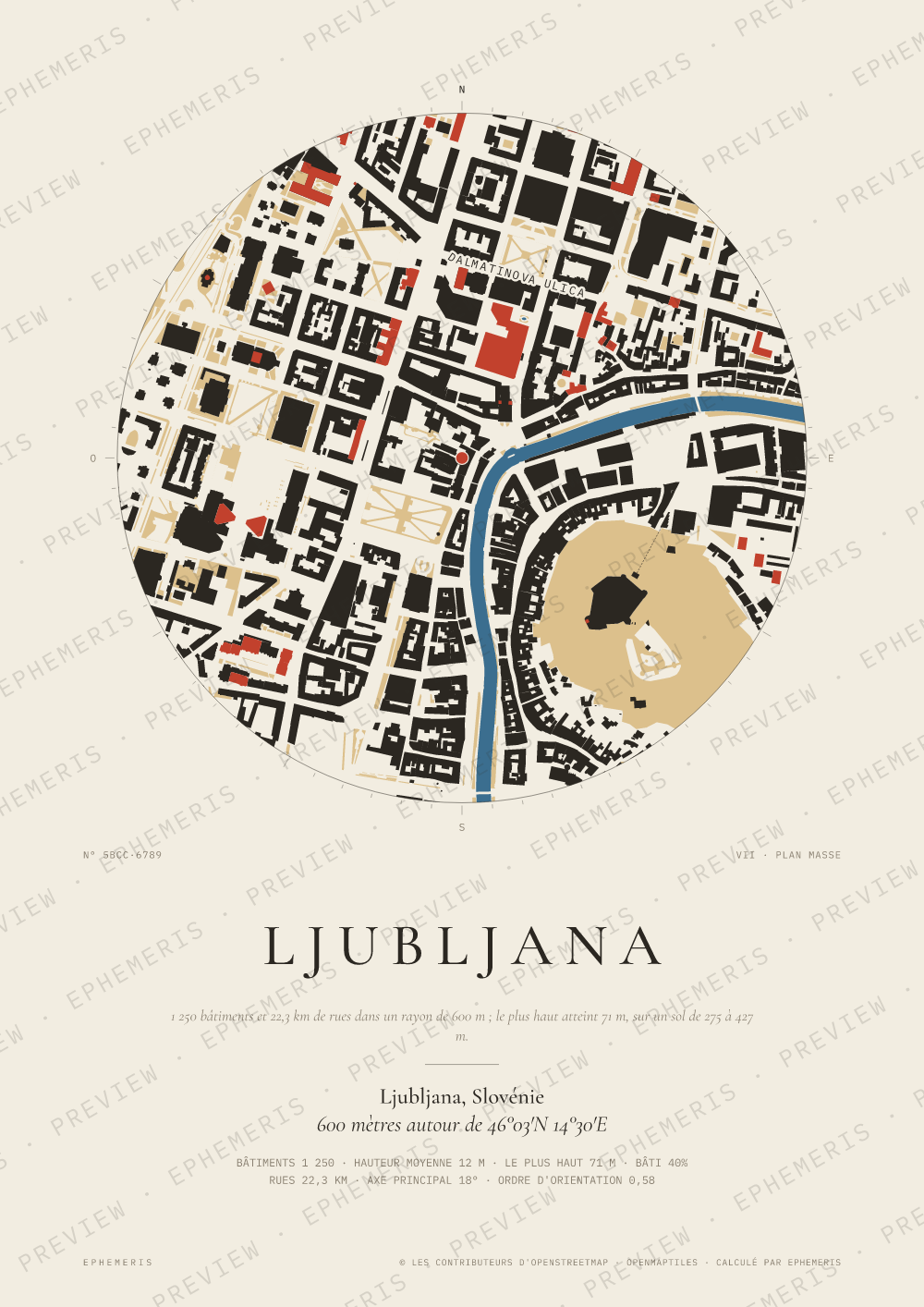 Affiche carte de Ljubljana : la ville dessinée en plan