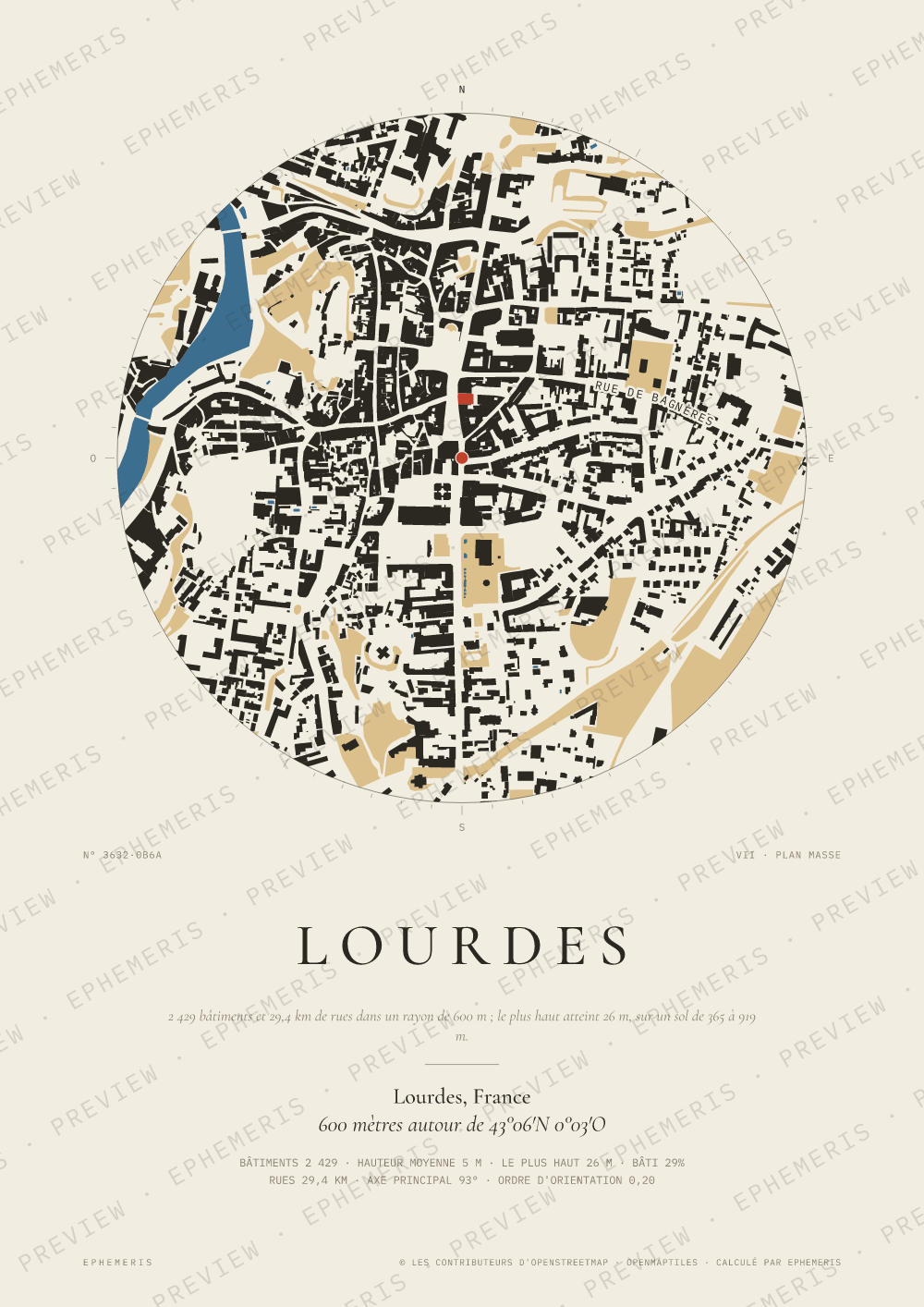 Affiche carte de Lourdes : la ville dessinée en plan