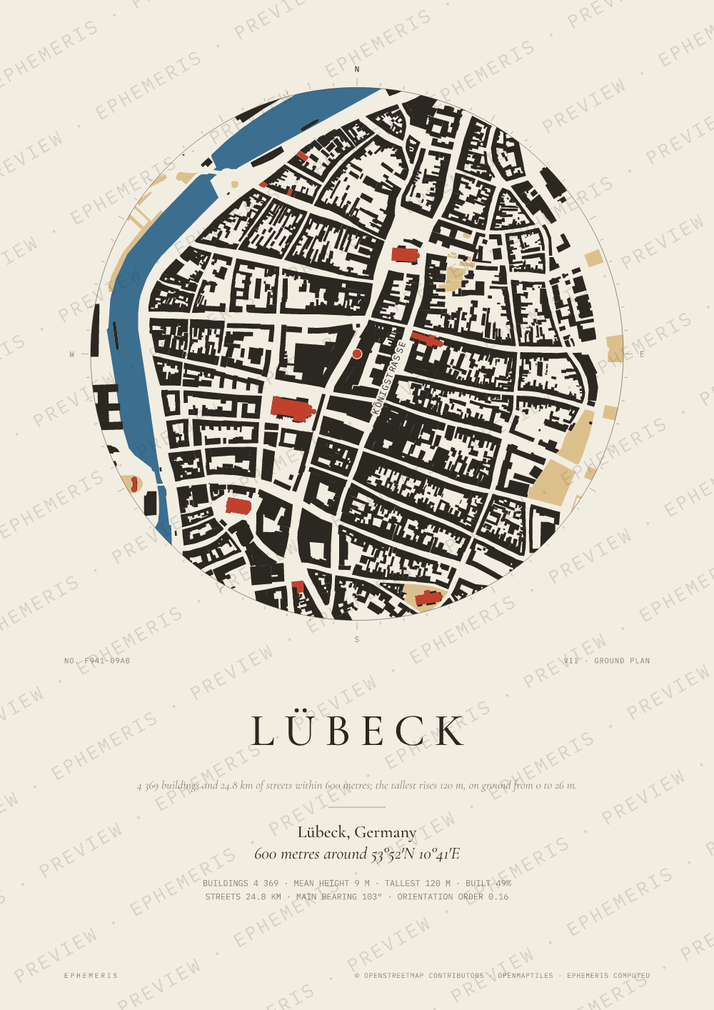 Lübeck map poster: the city drawn as a plan