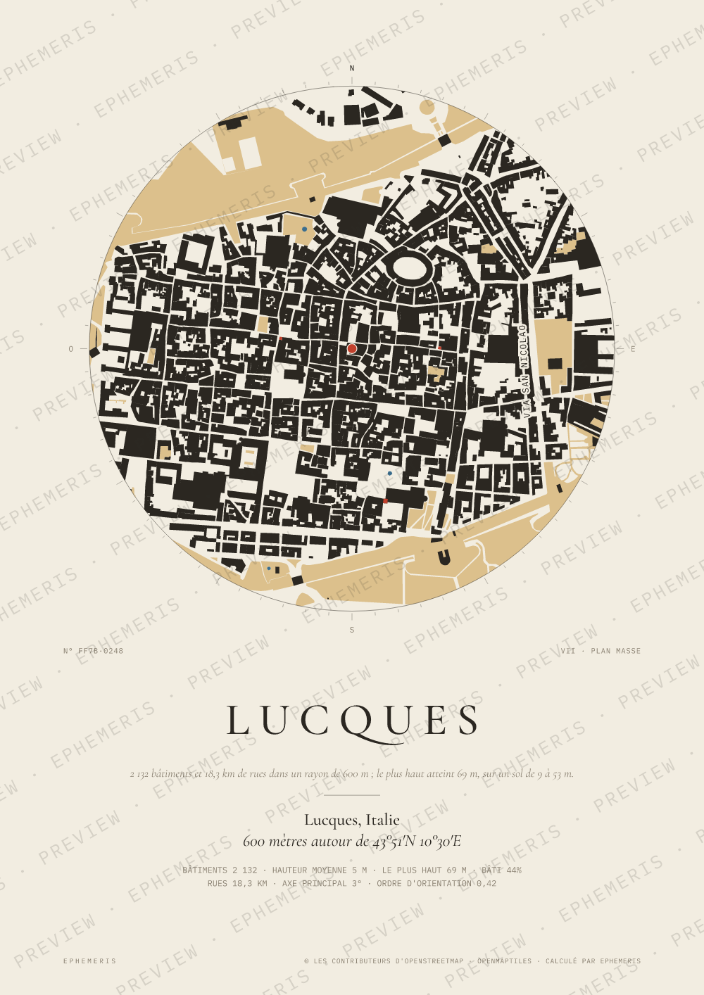Affiche carte de Lucques : la ville dessinée en plan