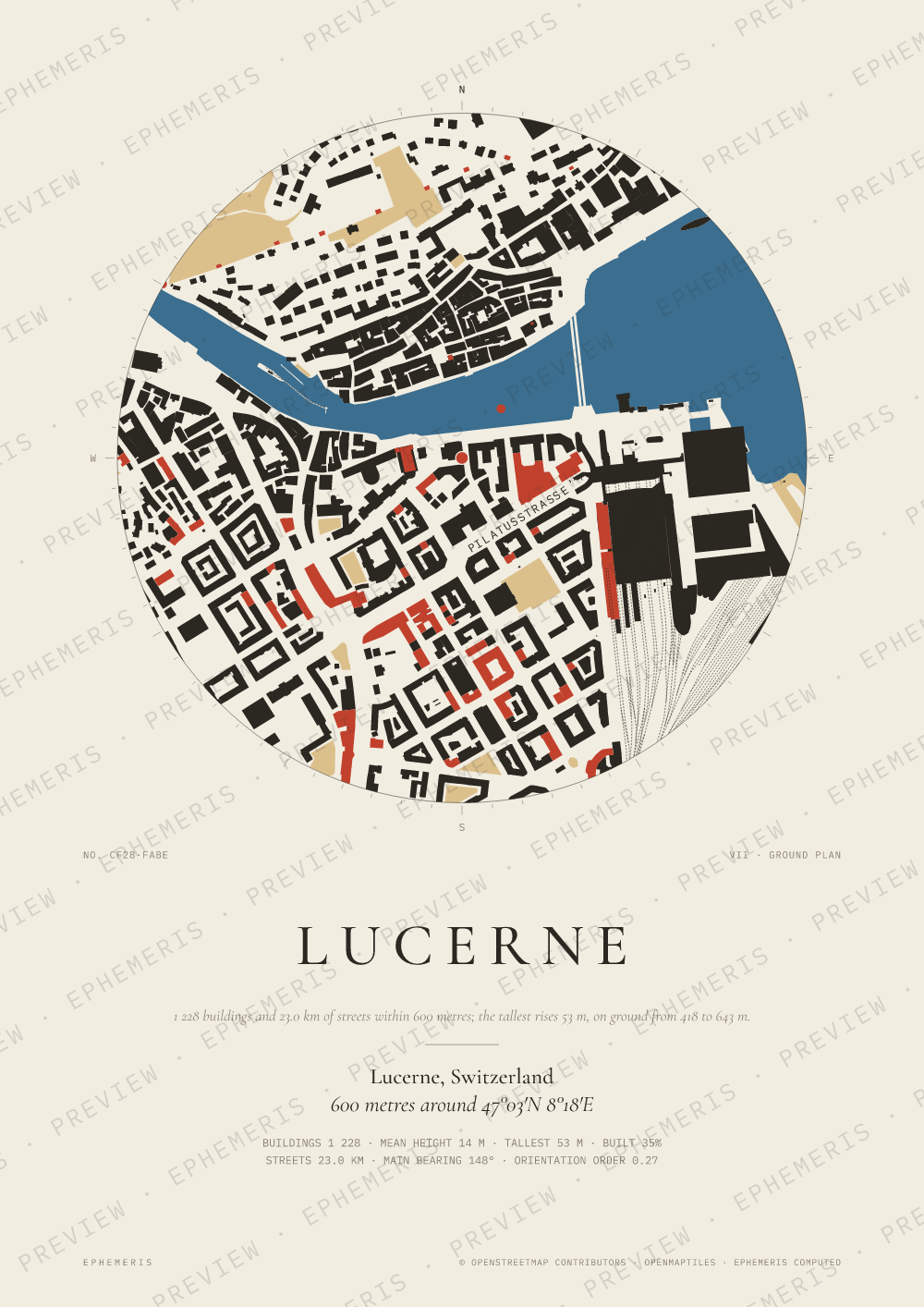 Lucerne map poster: the city drawn as a plan