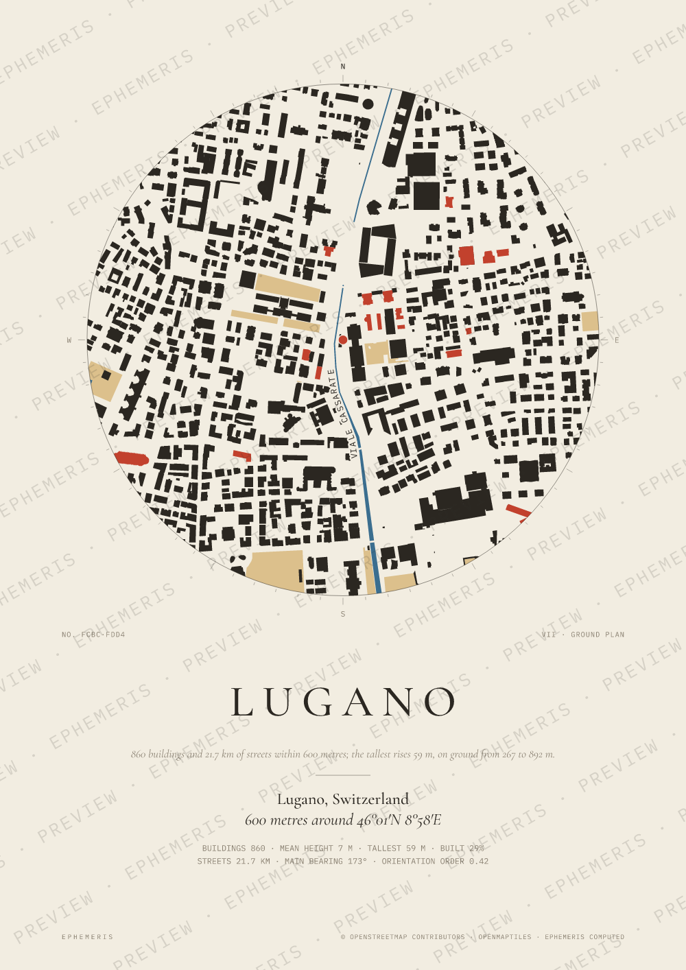 Lugano map poster: the city drawn as a plan