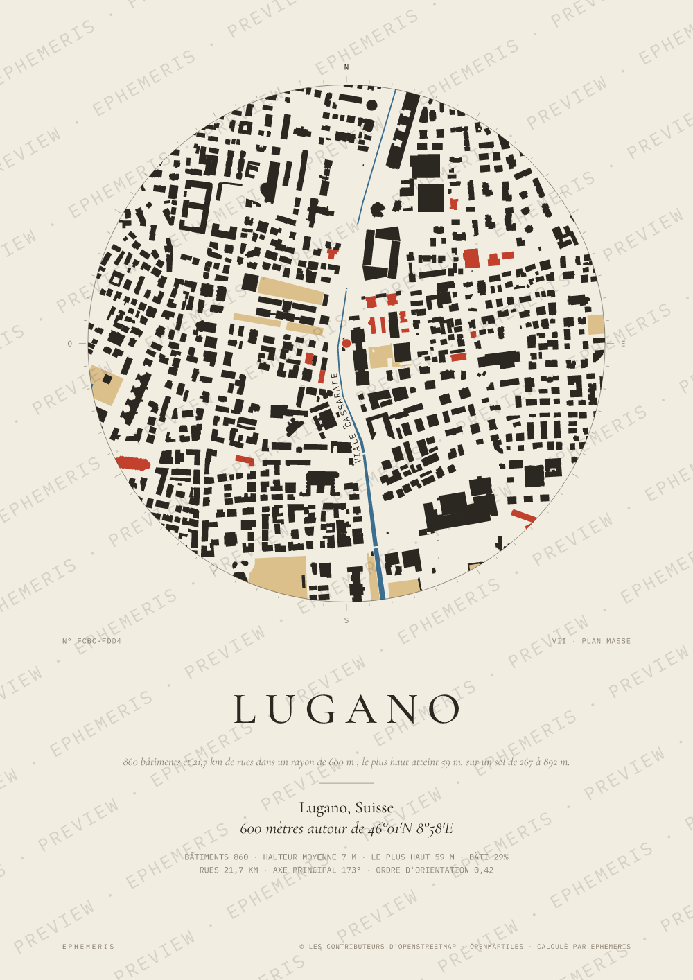 Affiche carte de Lugano : la ville dessinée en plan