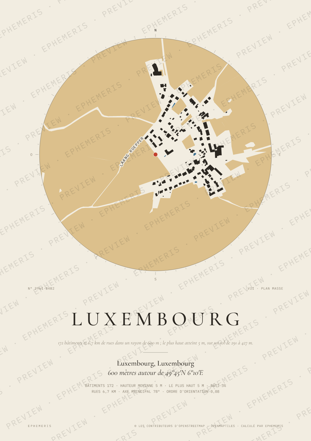 Affiche carte de Luxembourg : la ville dessinée en plan