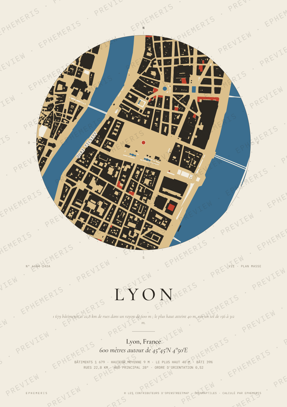 Affiche carte de Lyon : la ville dessinée en plan