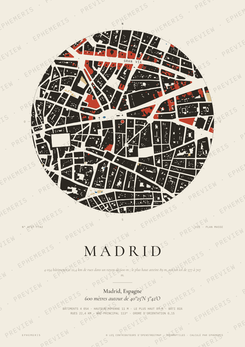 Affiche carte de Madrid : la ville dessinée en plan