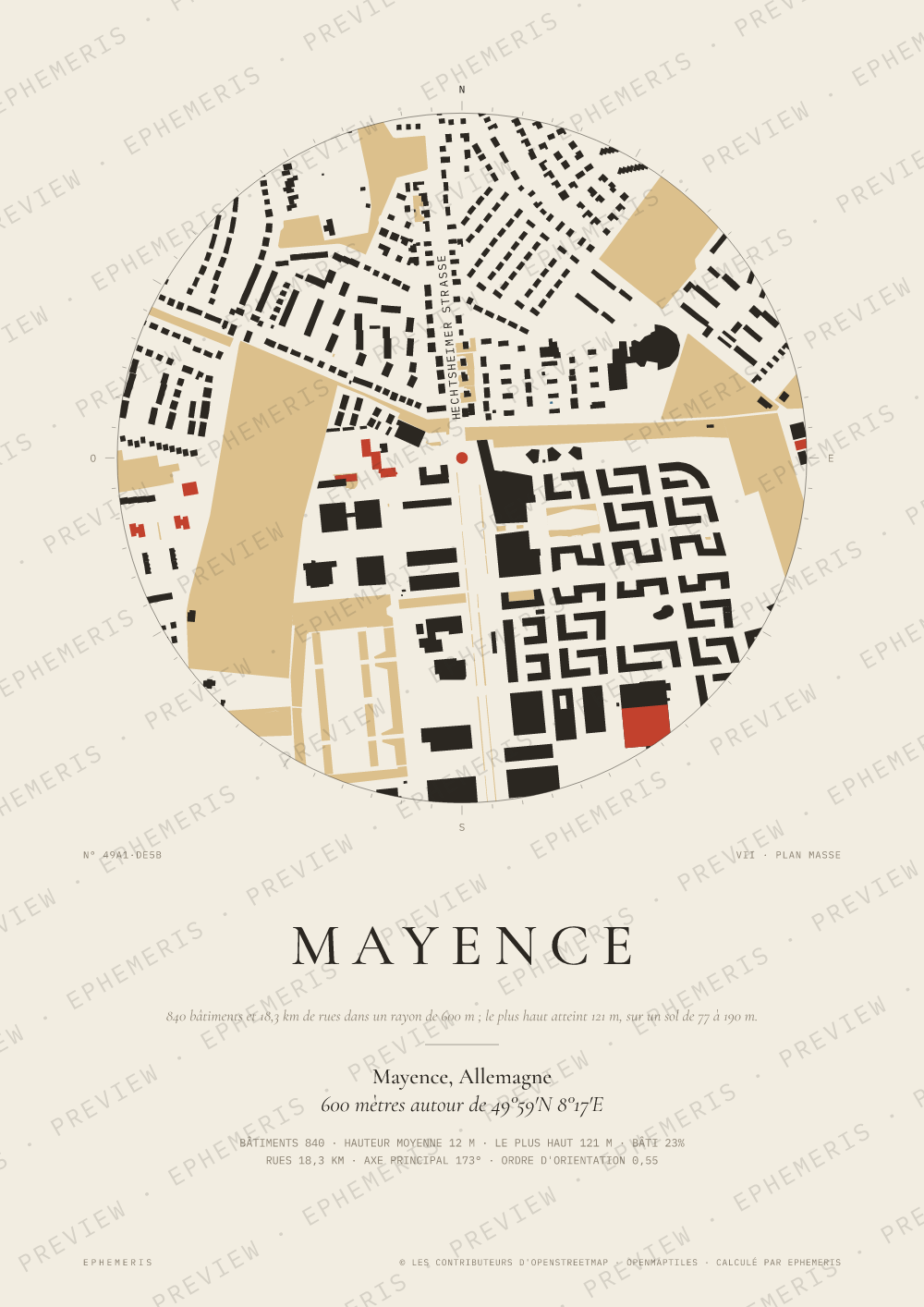 Affiche carte de Mayence : la ville dessinée en plan