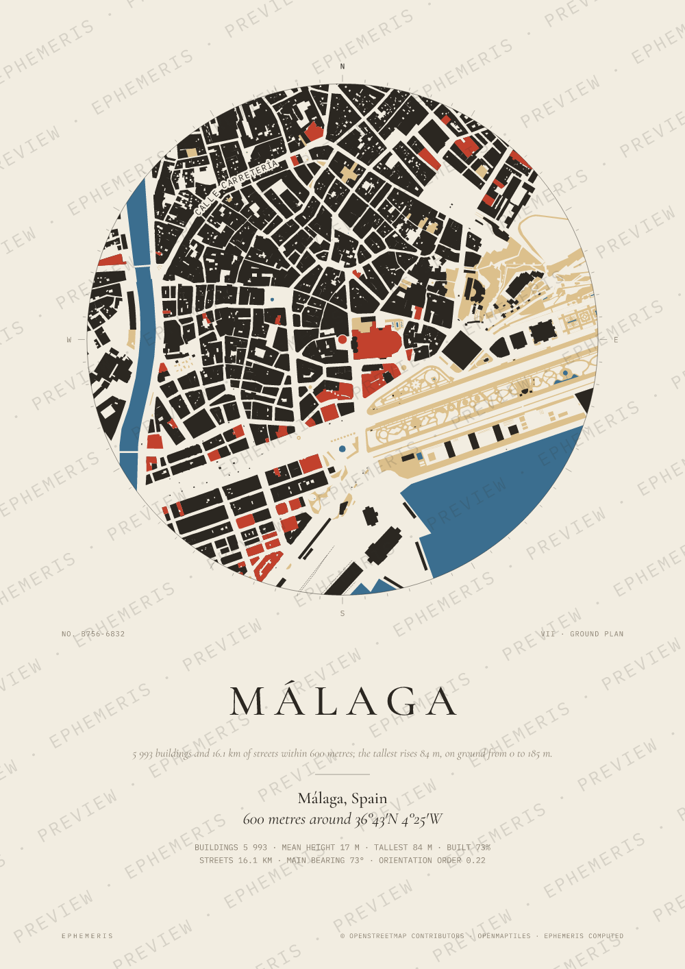 Málaga map poster: the city drawn as a plan
