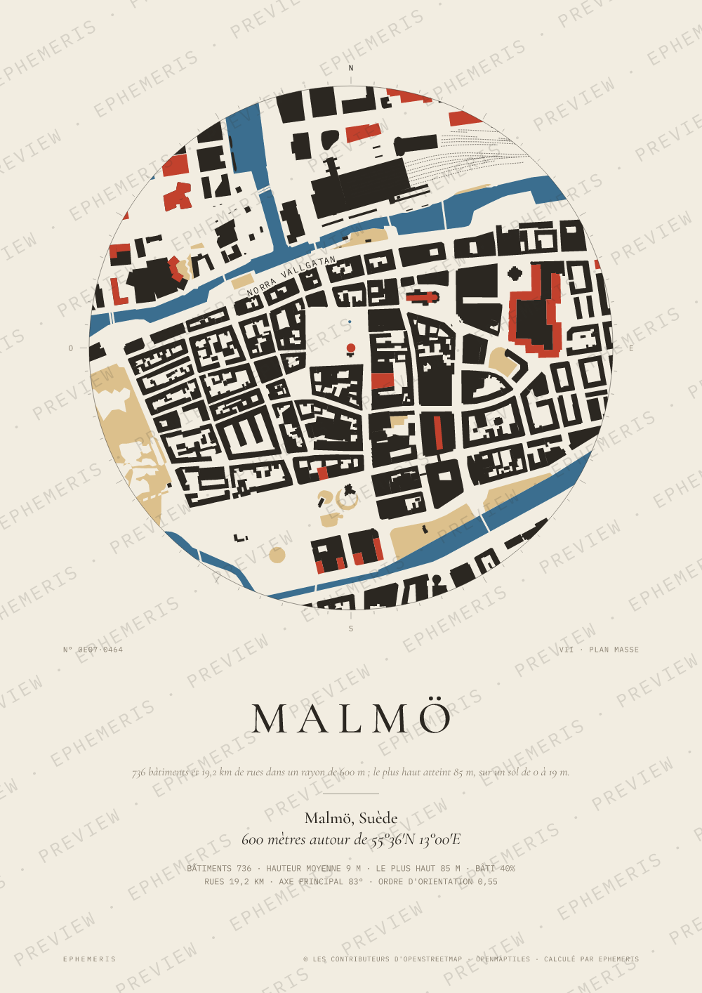 Affiche carte de Malmö : la ville dessinée en plan