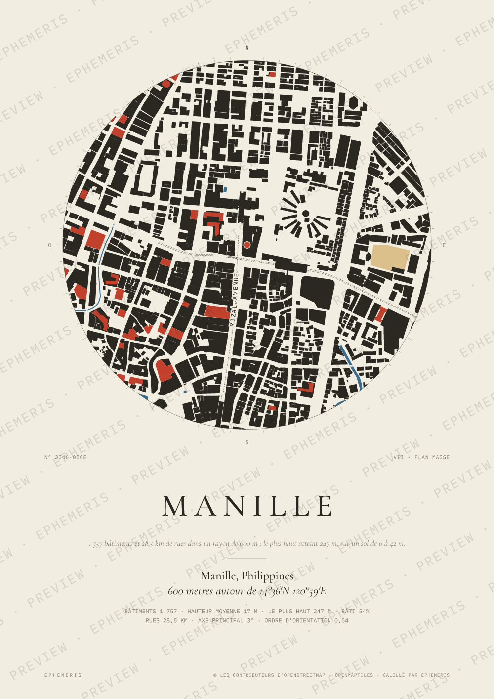 Affiche carte de Manille : la ville dessinée en plan