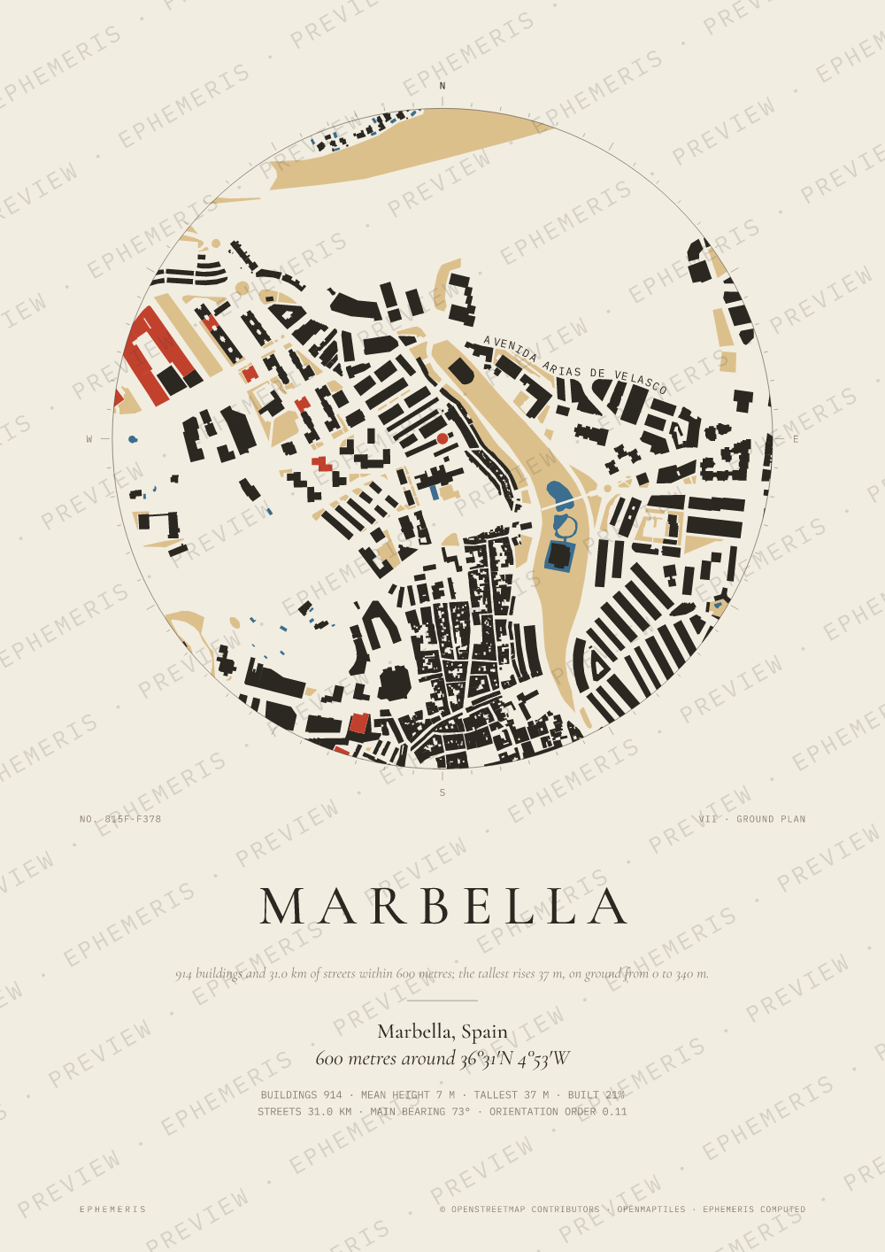Marbella map poster: the city drawn as a plan