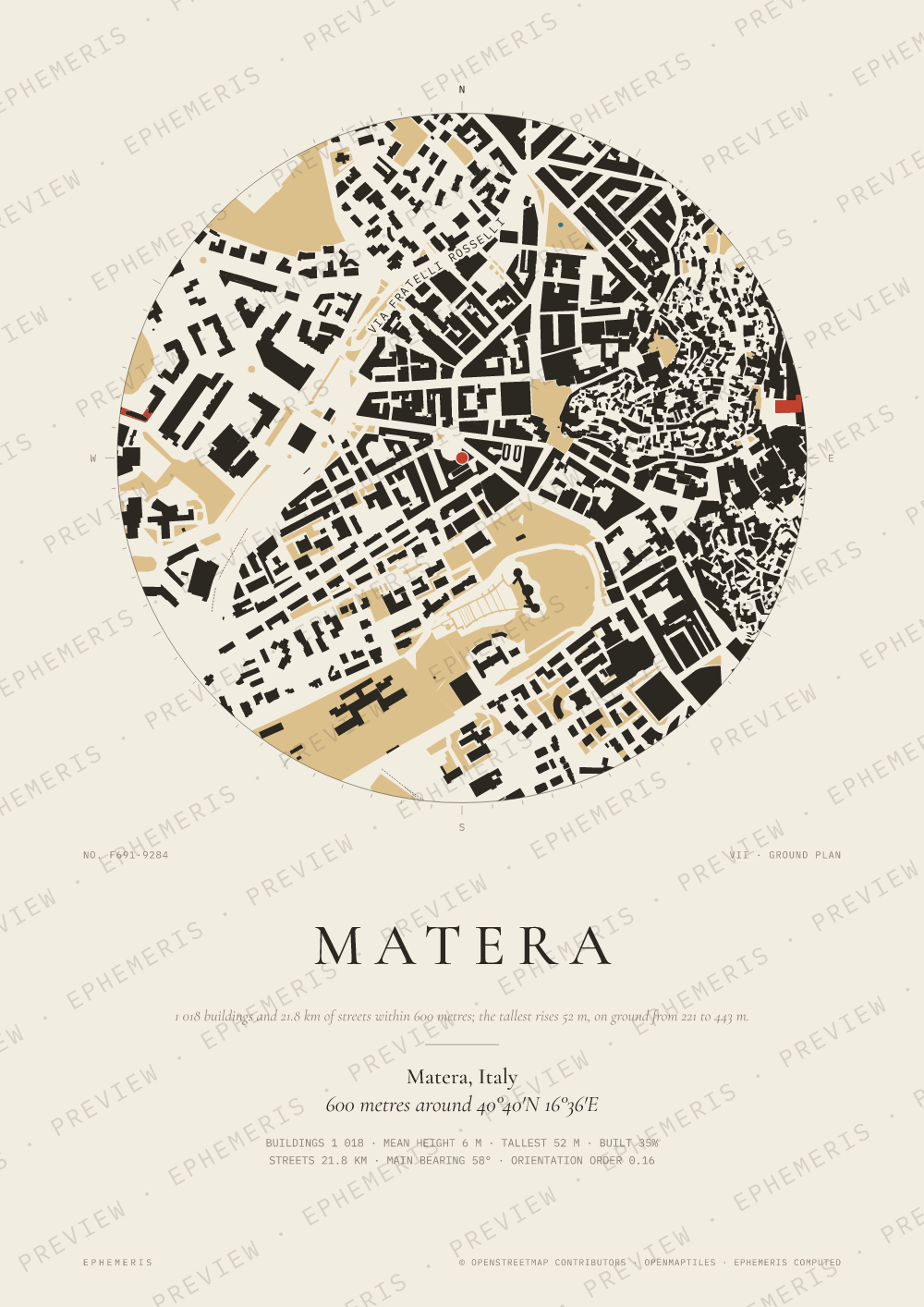 Matera map poster: the city drawn as a plan