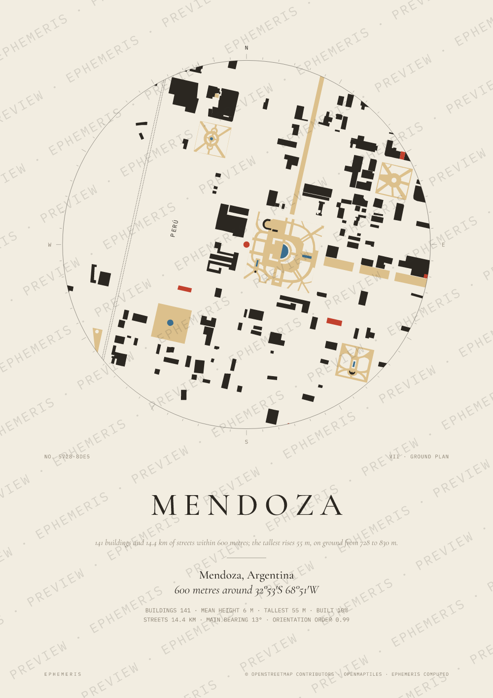 Mendoza map poster: the city drawn as a plan
