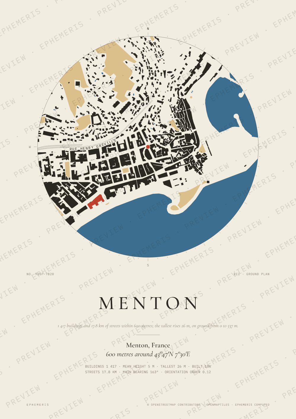Menton map poster: the city drawn as a plan