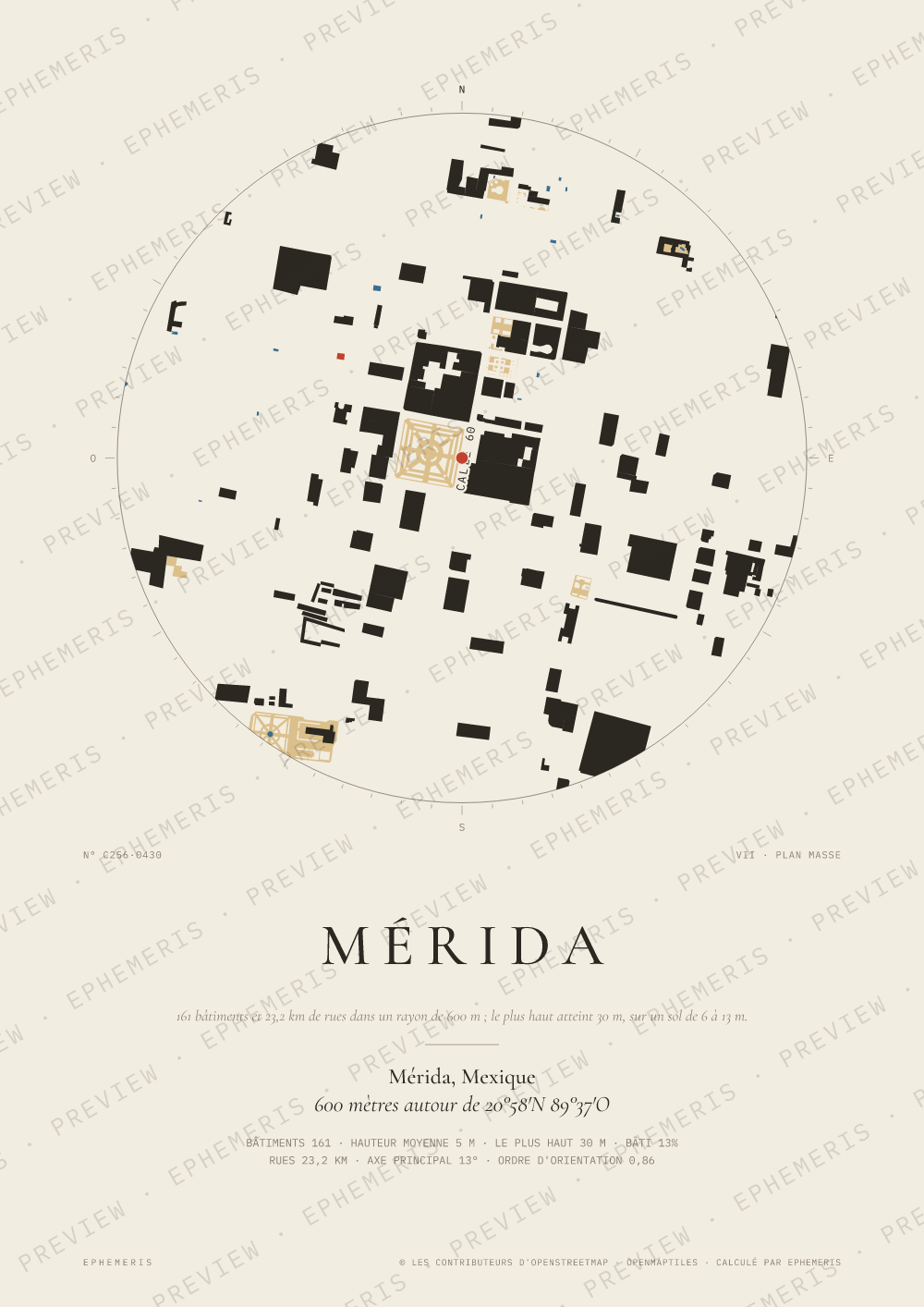 Affiche carte de Mérida : la ville dessinée en plan